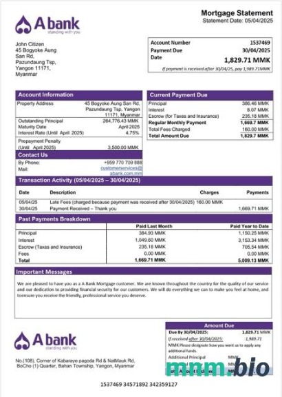 Myanmar A Bank wyciąg z kredytu hipotecznego szablon Word i PDF